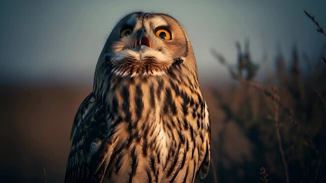 Close up of a short eared owl in profile looking left. Wildlife bird with beautiful plumage. Nature and animal intelligence concept.