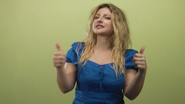 Woman giving thumbs up gesture in studio with green backdrop wearing a blue dress, messy blonde hair, casual pose and direct gaze; skepticism. - Powered by Adobe