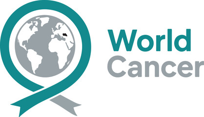 World cancer awareness day graphic featuring globe and ribbon logo