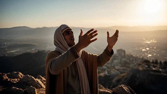 Man in ancient clothes praying with raised hands on mountain with cityscape at golden hour for historical or religious event.