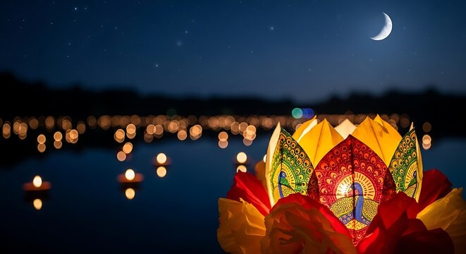 Evening scene of illuminated lotus flower and floating lanterns on water