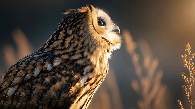 Close up of a long eared owl in golden hour light. Wildlife portrait of a majestic bird of prey. Natural habitat concept.