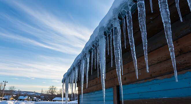 Long sharp icicles hanging from roof in winter day blue sky