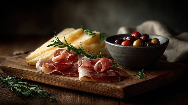 board with slices of prosciutto or jamon