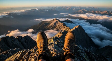 A first-person perspective captures a hiker's feet clad in brown boots, resting on a rugged mountain summit. Below, a spectacular vista unfolds with countless mountain peaks emerging from a soft sea