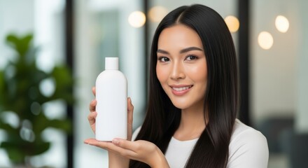 Woman holding a white product bottle. Beauty care for hair and skin. Asian model showing cosmetic or shampoo tube. Mockup design.