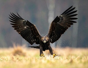 Obraz premium Golden Eagle's Flight: An impressive golden eagle, showcasing its magnificent wingspan, gracefully takes flight in a moment of untamed freedom. Capturing strength and elegance.
