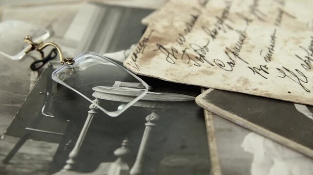 Various vintage photos, handwritten text and eyeglasses