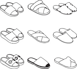 Line Art Illustrations of Nine Different Pairs of Slippers footwear shoes also transparent background