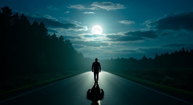 Man walking towards the moon on a dark road adventure