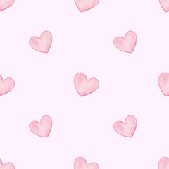 Watercolor seamless pattern with pink hearts. Hand-drawn romantic print with pink hearts. Festive Valentine's Day print. Great for wrapping paper, textiles, and cards.