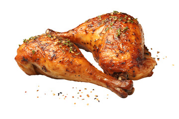 roasted chicken leg with seasoning, cooked chicken piece isolated on white