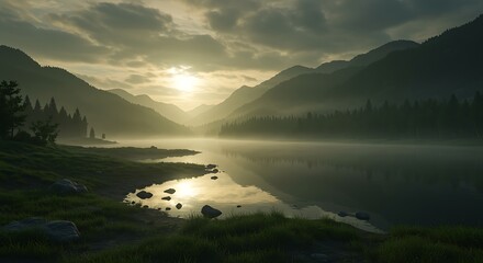 Serene lake scene at sunrise with misty mountains and forests