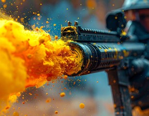 Color Burst: A close-up shot captures the vivid moment of a colorful powder explosion from the barrel of a firearm, creating a dynamic visual that showcases action and vibrant energy.