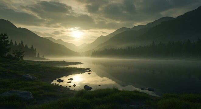 Serene lake scene at sunrise with misty mountains and forests