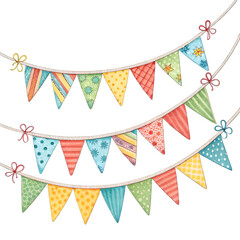 Colorful pennant chain isolated on white background. Carnival garland with flags. Festive background.