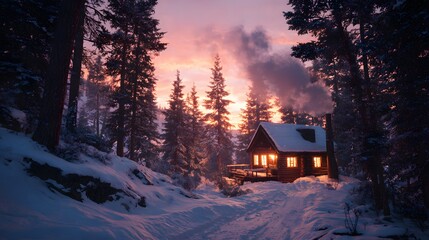 Elegant Christmas holiday background design showing a rustic woodland cabin blanketed in snow with evergreen trees, twinkling lights, and a peaceful winter night atmosphere house in the mountains