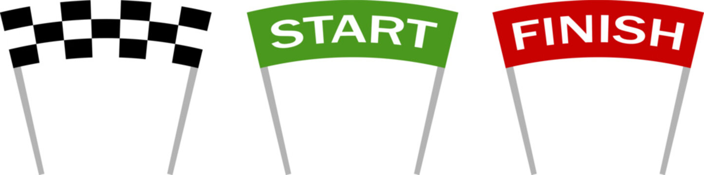 Start finish flags and checkered racing flag on white background