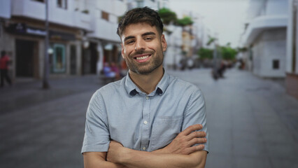Young man with crossed arms standing on urban street with blurred storefronts and passersby;...