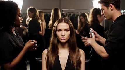 Gorgeous female model receiving professional hair and makeup services from a skilled team behind the scenes of a fashion event or photo shoot