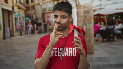 Lifeguard man makes ok sign with hand while holding a rolled certificate tied with ribbon on urban street in daylight; achievement pride.