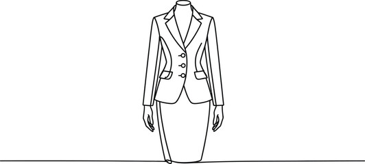 minimalist line drawing of female business outfit with blazer and skirt on mannequin, formal fashion concept vector illustration