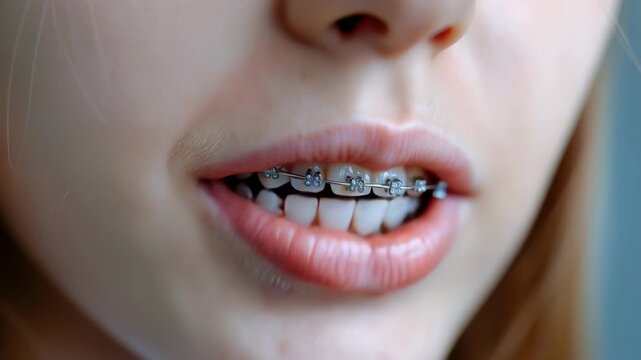 Child with metal brackets on teeth