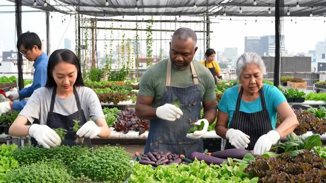 Diverse group of people gardening, tending to vegetables, and harvesting crops in an urban rooftop garden environment. Farming, agriculture, food, rooftop, garden. - Powered by Adobe