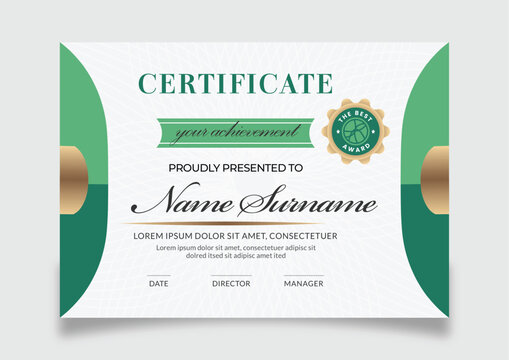 Elegant green and white certificate template design for award achievement or diploma presentation