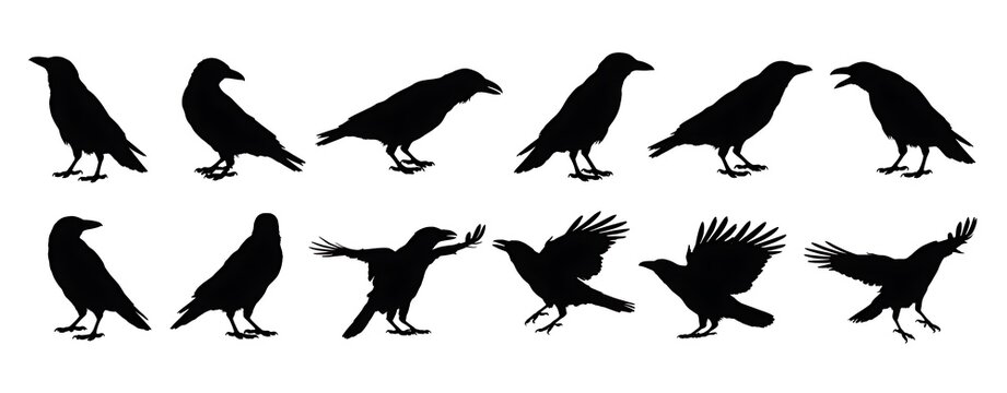Various crow and raven silhouettes in different poses and actions