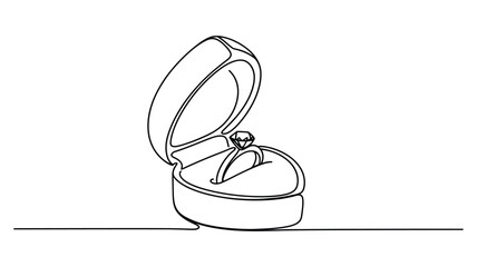 minimalist continuous line drawing of open ring box with diamond engagement ring, love and proposal concept vector illustration