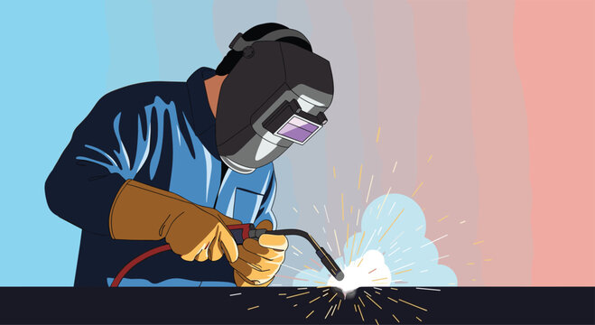 A welder wearing a mask and gloves works with a welding torch creating sparks and light.