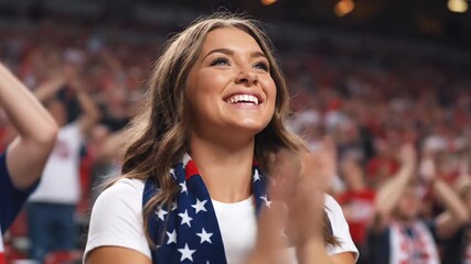 Young woman in a USA flag scarf enthusiastically cheering and applauding for her favorite team. A passionate American fan celebrating a goal with excitement