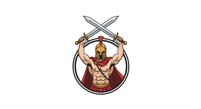 Cartoon illustration of a muscular warrior in a helmet, holding two swords above his head.