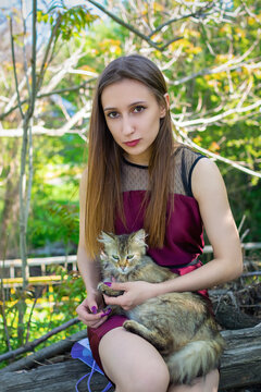 Woman Sitting Outdoors with a Cat on Her Lap in a Green Spring Garden