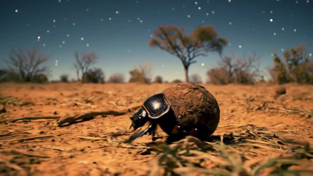 Dung beetle rolling dung ball in African savanna at night under starry sky. Nature, landscape, beetle, night, savanna, rolling.