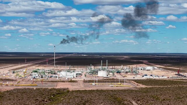 Vaca Muerta, Argentina, October 27, 2025: Aerial view of the Tratay&eacute;n Compressor Plant, a gas transporter in "Vaca Muerta".