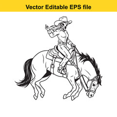 Fototapeta premium Black and white line art vector illustration of a female skeleton cowboy riding a horse with a western saddle, isolated on