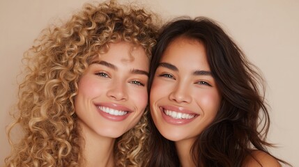 Two joyful women with curly and straight hair, smiling brightly while embracing closely, showcasing friendship and happiness in a warm, inviting atmosphere