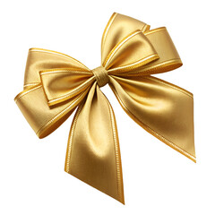 Decorative golden bow isolated on white background. Shiny gold satin ribbon. Wrapping element for Christmas gift, Valentine's, Father's and Women's day, birthday and party. Black friday