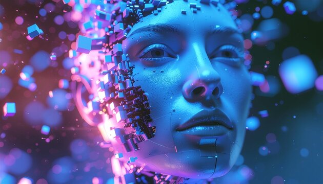 Metamorphosis of Digital Being: An enigmatic digital entity's face dissolves, giving a visual representation of change and innovation, and it's surrounded by floating fragments and dazzling color.