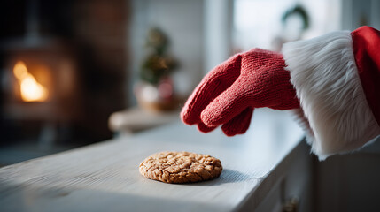 Product photo showing Santas glove leaving a cookie on a table beside the chimney entry, precise lighting and minimal clutter, faceless, with copy space