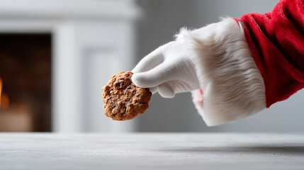 Product photo showing Santas glove leaving a cookie on a table beside the chimney entry, precise lighting and minimal clutter, faceless, with copy space