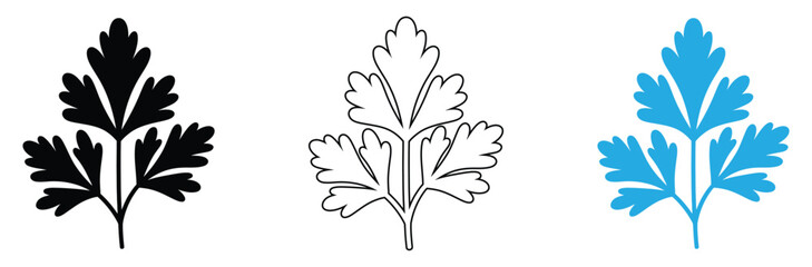 Fresh parsley sprig icons in black, outline and blue for your culinary designs, bringing a touch of organic freshness and simple elegance to your projects