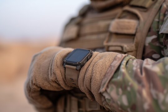 Close up of gloved hands adjusting a smartwatch on a wrist, showcasing a rugged design and functionality, perfect for outdoor activities and tactical use