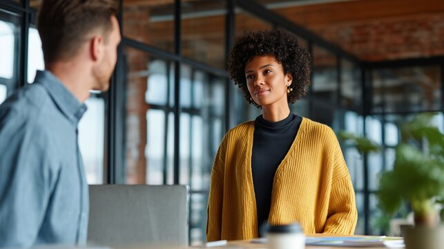 Modern open plan office featuring two colleagues engaged in a conversation, showcasing a collaborative work environment with natural light and contemporary design elements