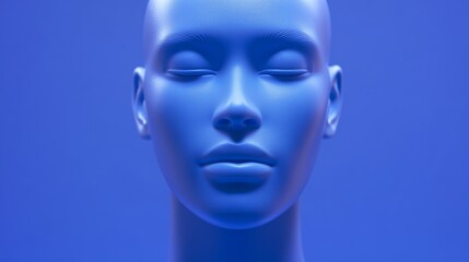 Minimalist portrait of a matte blue mannequin head against a solid blue background, showcasing smooth textures and serene expression, ideal for modern design concepts and artistic projects