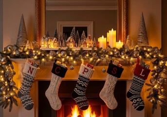 Cozy christmas fireplace mantel decorated with glowing string light garland, miniature village, lit candles, and five knit stockings hanging above a warm fire