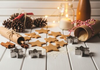 Star shaped gingerbread cookies being prepared on a white wooden table with baking ingredients, pine cones, cinnamon sticks, and warm string lights creating a festive holiday atmosphere