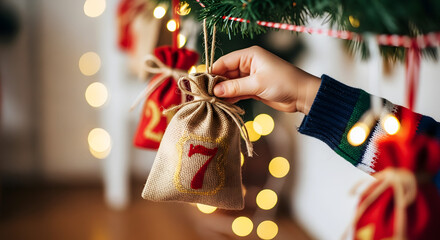 Hand reaching for fabric advent calendar bag on Christmas tree  